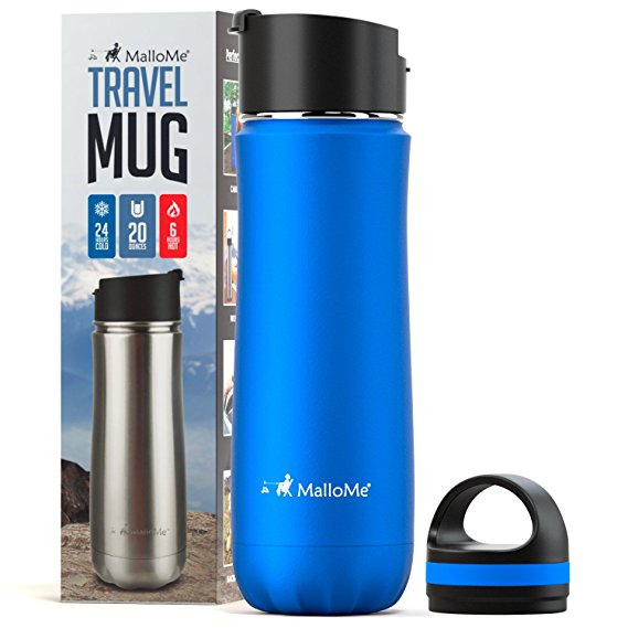 MalloMe Stainless Steel Coffee Travel Mug – 20 oz Vacuum Insulated Water Bottle Thermos Flask Cup Combo – Triple Walled Tumbler, 7 Colors, Two BPA Free Leak Proof Lids Included