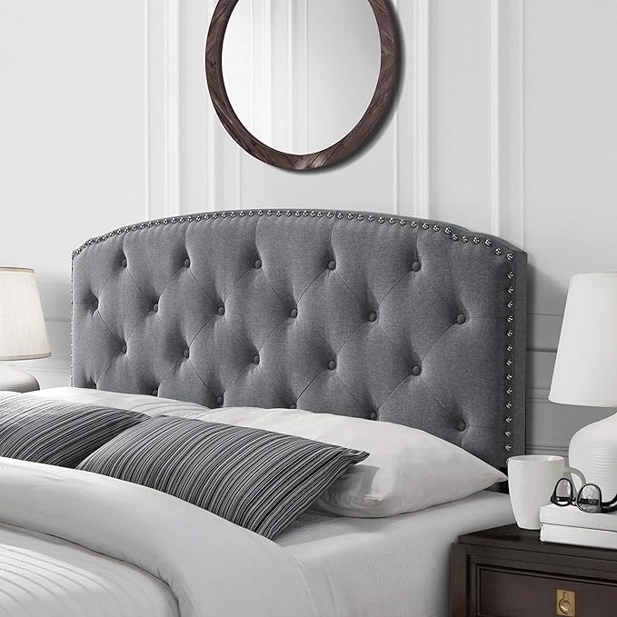 DG Casa Wembley Diamond Tufted Upholstered Nailhead Trim Adjustable Height Headboard, Queen Size in Grey Polyester Blend Fabric, Gray