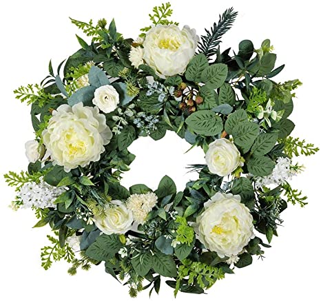 Xiaoqing Green Leaves Wreath Peony Wreath Artificial Greenery Hanging Thanksgiving Wreath Farmhouse Decor Decorative Display 17.7” Artificial Flower Fairy Series Wreaths Amiable