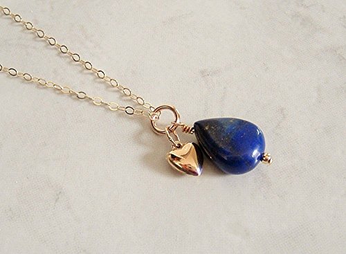 Blue Lapis Lazuli Teardrop Heart Pendant Necklace Gold Filled Chain 18 Inch