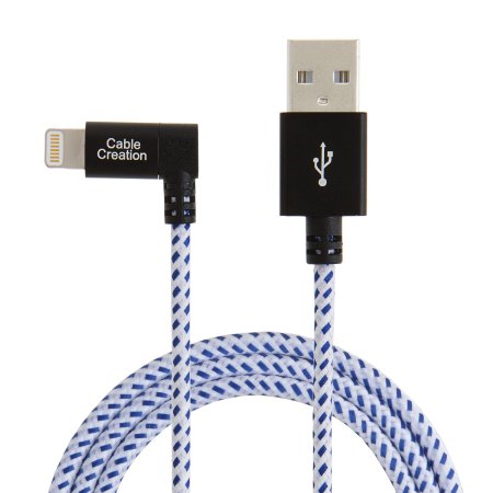 CableCreation Angled Lightning to USB Cable, 4FT Apple USB Data Sync Charge Cable for iPhone 6S/6, iPhone 5/5S/5C, Metal Plug & Cotton Jacket, Blue & White Color