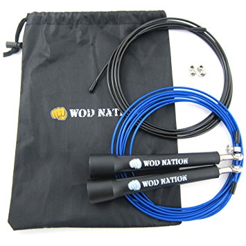 WOD Nation Speed Jump Rope. Black. Blazing Fast Rope for Endurance training for Sports like CrossFit, Boxing, MMA, Martial Arts or Just Staying Fit. Fully Adjustable to Fit Men, Women and Children.