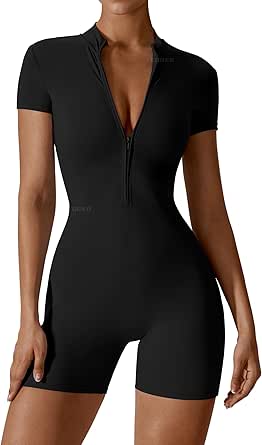 YEOREO Women Short Sleeve Workout Jumpsuit Zip Up Romper Bottom Shorts Bodysuit Bodycon Sexy One Piece