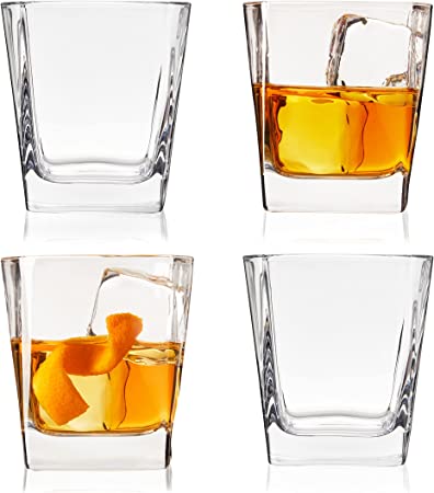 True Square Double Old Fashioned Glasses Set of 4 - Lowball Whiskey Glasses for Cocktails, Drinks or Liquor - Dishwasher Safe 10oz