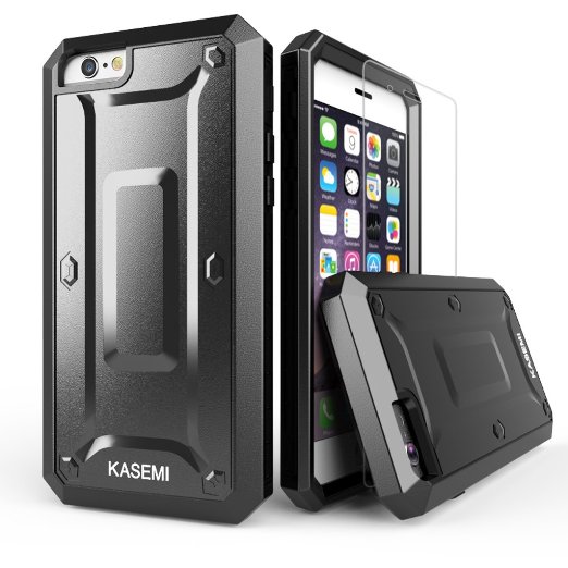iPhone 6s Case and Tempered Glass Protector,KASEMI 360 Protection Dual Layer Armor Protective Back Case Shockproof Defender Cover for iPhone 6 4.7 Shell-Black