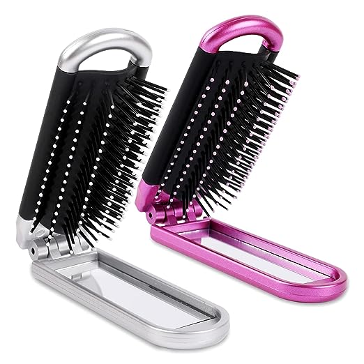 Travel Hair Brush,2 Pieces Mini Hair Brush with Mirror Folding Hair Brush Portable Compact Hair Comb Collapsible Pocket Brush Small Compact Pocket Hair Comb for Women