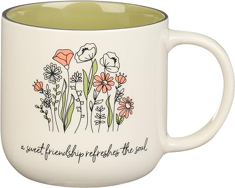 Christian Art Gifts Large Ceramic Coffee & Tea Mug for Women & Friends: Sweet Friendship - Proverbs 27:9 Scripture, Non-toxic/Lead-free, Microwave/Dishwasher Safe Floral Cup, Sage Green/White, 15 oz.