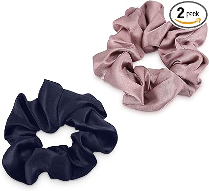 Navaris 2 Pack Scrunchies for Hair - 100% Silk Elastic Hair Bobbles Scrunchies Ponytail Holder Bands Set for Women, Girls, Ladies - Navy Blue, Pink