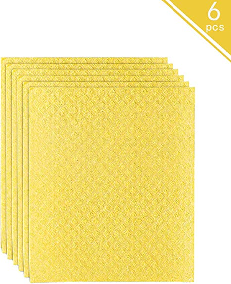 ddLUCK Dishcloth Cellulose Sponge Cloths - Bulk 6 Pack of Eco-Friendly No Odor Reusable Washable Cleaning Cloths for Kitchen - Absorbent Dish Cloth Hand Towel (Yellow)