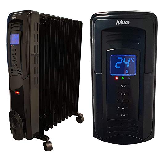 Futura Digital Oil Filled Radiator 11 Fin 2.5KW Timer & Thermostat, Portable Electric Heater, Adjustable Temperature Control, 3 Power Settings, Thermal Safety Cut-out Switch (Black)