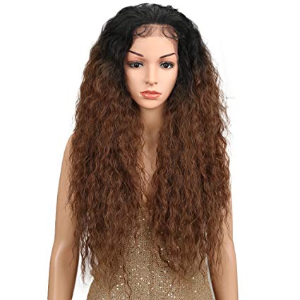 Noble 28" Water Wavy Free Part Lace Frontal Wigs With Baby Hair Hight Temperature Synthetic Human Hair Feeling Wigs For Black Women 180% Density Wigs Ombre Color 200g(TT1B/30)