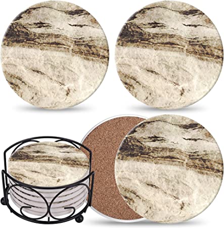 Coasters for Drinks Absorbent with Holder - 6 Pcs Marble Coaster Gift Set - Brown Ceramic Stone Absorbent Coasters with Corked Back - Present for Housewarming Decor