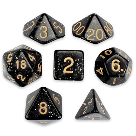 7 Die Polyhedral Dice Set - Stardust (Black Glitter) with Velvet Pouch by Wiz Dice