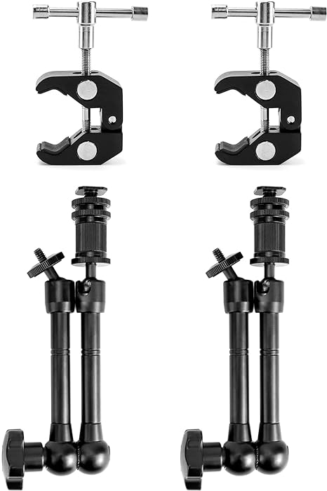 QWORK Adjustable Articulating Arm & Large Super Clamp, 2 Sets 11'' Articulating Friction Magic Arm and Super Camera Clamp Mount Cell Phone Holder