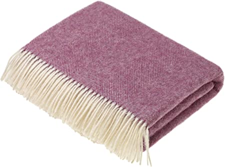Moon Wool Plaid Throw Blanket, Pure New Wool, Herringbone Pink, Made in UK