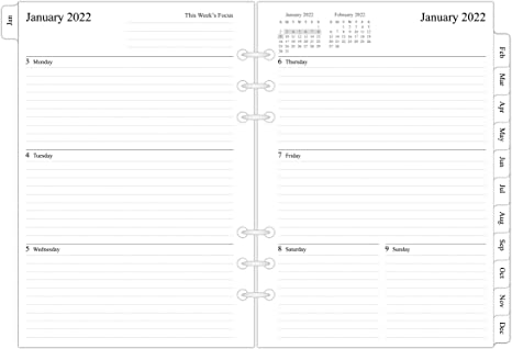 2022 Weekly & Monthly Planner Refill for A5 Ring Binder, 5-1/2" x 8-1/4", from January 2022 to December 2022, 6-Hole Punched