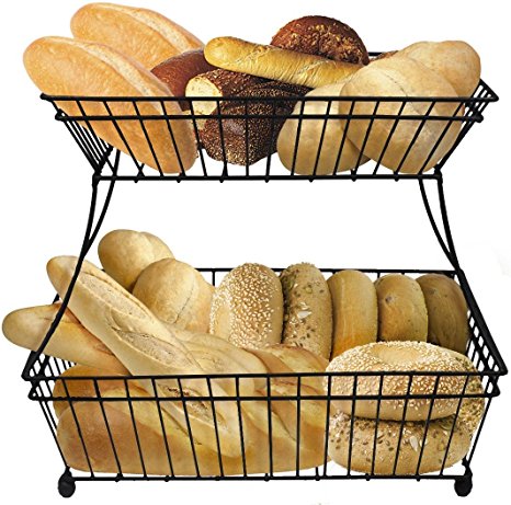 Sorbus Bread Basket, 2-Tier Flat-Back Metal Countertop Fruit & Vegetable Rack, Great for Bread, Snacks, Household Items, Kitchen Storage and More, Antique Style (Black)