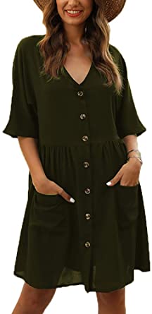 Qearal Women’s Casual V-Neck Button Down Half Sleeve Loose Short Shift Tunic Dress with Pockets