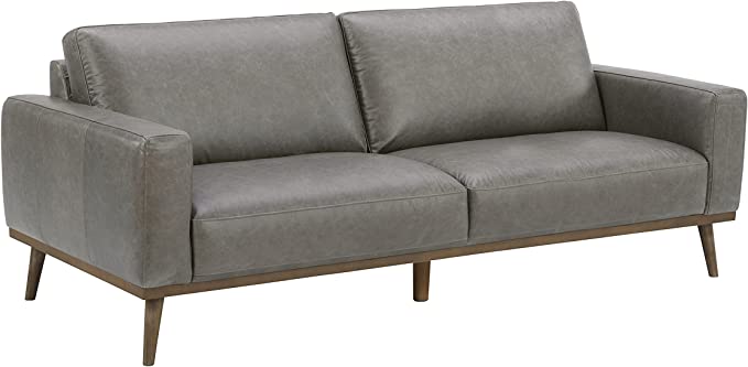 Amazon Brand – Rivet Modern Leather Sofa Couch with Wood Base, 84"W, Gray