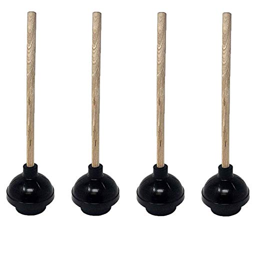 Set of 4 Toilet Plunger Double Thrust Force Cup Suction | Heavy Duty | Long Wooden Handle Fix Clogged Toilets - Superior Suction for Commercial Stores, Restaurants