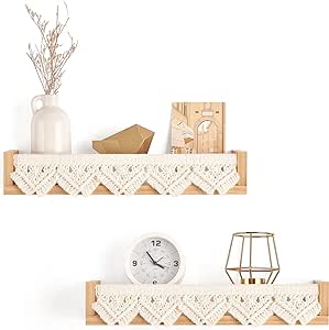 Mkono Macrame Floating Shelves Boho Wall Decor Set of 2 Natural Wood Hanging Storage Shelf for Bedroom Bathroom Living Room Nursery Dorm Room, Display Shelving for Hanging Plants Photos