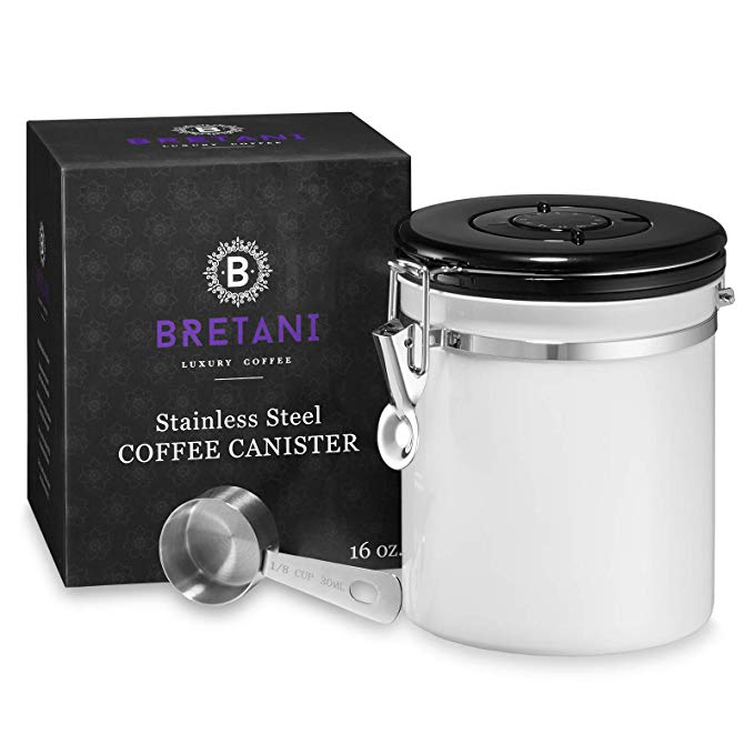 Bretani 16 oz. Stainless Steel Coffee Canister & Scoop Set - Medium Airtight Kitchen Storage Container for Storing Beans & Grounds - White