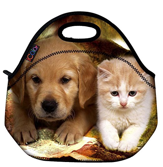 ICOLOR Cute Dog & Cat Thermal Neoprene Waterproof Kids Insulated Lunch Portable Carry Tote Picnic Storage Bag Lunch box Food Bag Gourmet Handbag For School work Office FLB-001