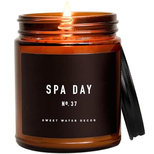 Sweet Water Decor Spa Day Candle - Sea Salt, Jasmine, and Wood Relaxing Scented Soy Spring Candles for Home - 9oz Amber Jar, 40 Hour Burn Time, Made in the USA