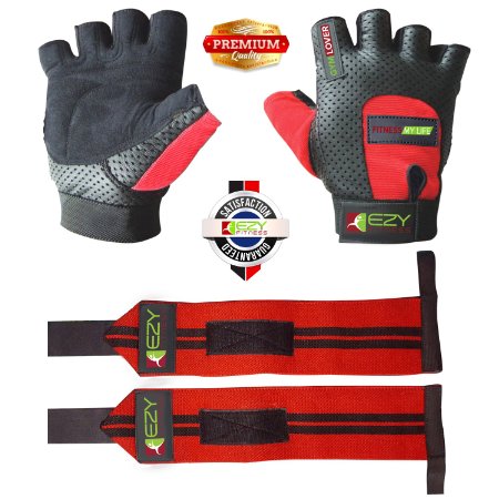 Ezy Fitness Weight Lifting Gloves and Weightlifting Wrist Wraps Set For Men and Women - Premium Money-Saving 2-in-1 Fitness Bundle For Gym and Training - Exercise Gloves For Crossfit Powerlifting Bodybuilding And Heavy Workout - Premium Quality Materials - Sweatproof - Abrasion Proof - Ideal Fitness Bundle for Men and Women - Satisfaction Guaranteed