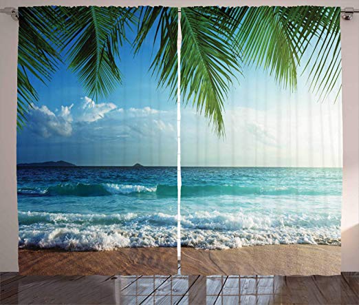 Ambesonne Ocean Curtains, Palms Tropical Island Beach Seashore Water Waves Hawaiian Nautical Marine, Living Room Bedroom Window Drapes 2 Panel Set, 108" X 90", Blue Green