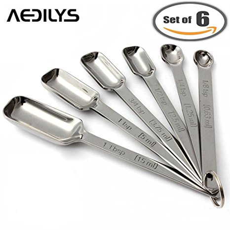 AEDILYS Set of 6 Best Measuring Spoons for Dry & Liquid Ingredients - Narrow Shape to Fit in Spice Jars - Perfect for Baking & Cooking -Professional Quality with Engraved U.S & Metric Sizes