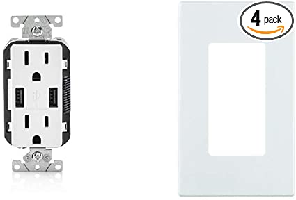 Leviton T5632-W USB Charger/Tamper-Resistant Duplex Receptacle, 15-Amp, White with Screwless Wallplates, 4-Pack