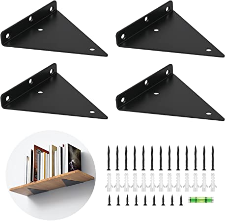 Shelf Brackets 6 inch - Heavy Duty & Extra Thick Corner Brace Black Steel Decorative Joint Angle Bracket for Shelf Triangular Bracket 4pcs (6inch, Glossy Black)