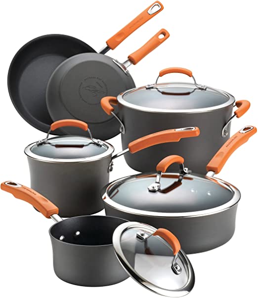 Rachael Ray 87375 Hard Anodised Nonstick 6 Piece Pots and Pans Set, Aluminium, Gray with Orange Handles