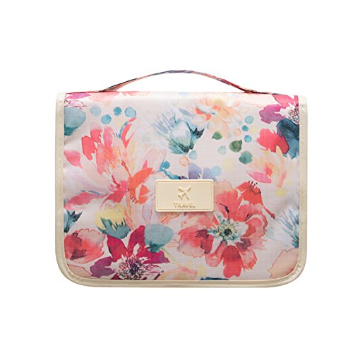 Portable Waterproof Travel Makeup Bag - Lady Color Foldable Organizer Travel Cosmetic Toiletry Bathroom Beach Bag for Women / Men, Shaving Kit with Hanging Hook for vacation (Summer Flower)