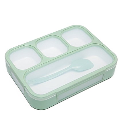 Japanese Lunch Bento Box Leak-Proof Sealing Food Container - 4 Compartments With a Spoon - BPA-free Microwave-Safe Boxes (Green)