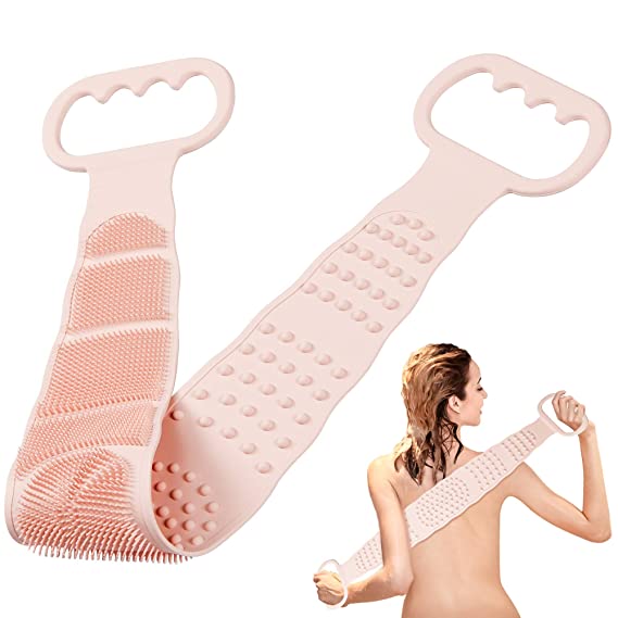 Back Scrubber for Shower, Silicone Body Scrubber, Long Exfoliating Bath Body Brush for Men and Women, Easy to Clean, Improves Blood Circulation and Skin Smooth (Pink)