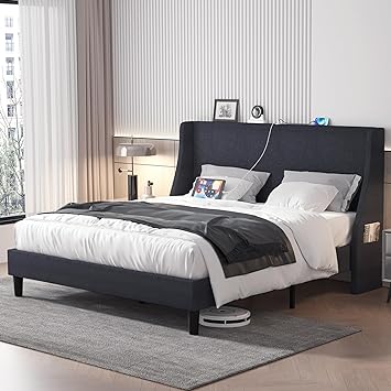 VECELO Queen Bed Frame with Type-C & USB Port, Wingback Headboard, Upholstered Platform Bedframe with Charging Station & Side Pockets, No Box Spring Needed, Dark Grey