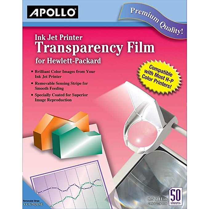 Apollo Transparency Film for Inkjet Printers, for Hewlett-Packard, 50 Sheets/Pack (VCG7031S)