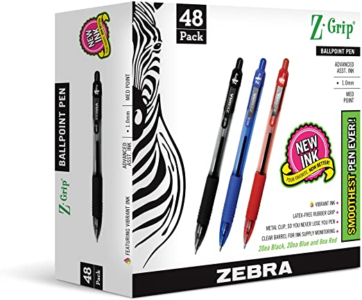 Zebra Pen Z-Grip Retractable Ballpoint Pen, Medium Point, 1.0mm, Assorted Business Colors, 48-Count