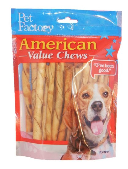 PET FACTORY 28754 American Beef-Hide Premium Chicken Flavored Twist Sticks, 5-Inch 25-Pack
