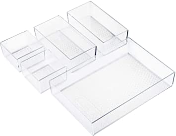 Kootek Clear Kitchen Drawer Organizer 5 Pcs Large Capacity Utensils Silverware Trays Bathroom Organizers Dividers Bins for Kitchen Gadgets, Dresser Cosmetic Makeup Tools, Office Supplies