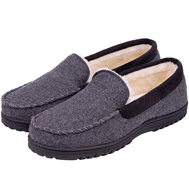 Men’s Memory Foam Plush Fleece Lined Moccasin Slippers, Indoor Outdoor Wool Micro Suede Shoes