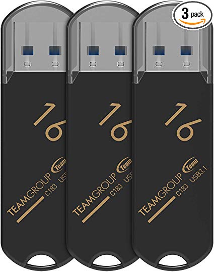 TEAMGROUP C183 16GB 3-Pack USB 3.1 Flash Drive Thumb Drive Memory Stick (x3 Black) EC183316GB19