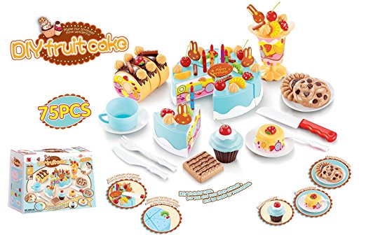 Vinsani 75pc Birthday Cream Fruit Cake Kids Childrens Pretend Play Party Cake Set