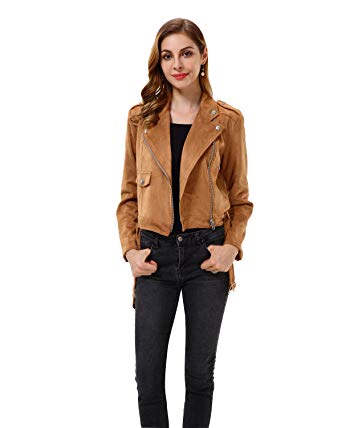 Apperloth Women’s Solid Long Sleeve Faux Suede Zipper Short Coat Jacket