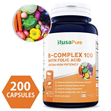 B-Complex 100 (Non-GMO, Soy Free & Gluten Free) 200 Capsules - Aids Metabolism and Antioxidant Support - with Choline, Inositol, Paba & Folic Acid