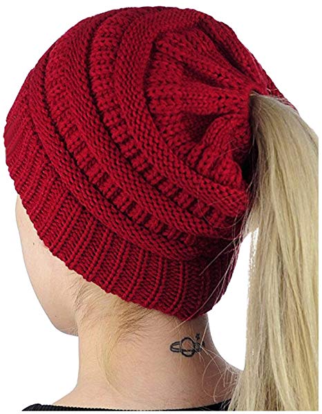 Odosalii Women Winter Trendy Knit Hat Stretch Bun Ponytail Beanie
