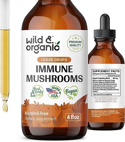 Immune Mushroom Supplement Complex - 8-in-1 Organic Mushroom Extract with Lion's Mane, Turkey Tail, Reishi - Mushroom Tincture - Vegan, Alcohol Free Liquid Drops - 4 fl oz Bottle