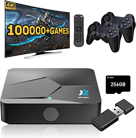 Kinhank Super Console X2 Video Game Console with 100000 Games,Retro Game Console EmuELEC 4.5/Android 9.0 in 1,Dual WiFi BT 5.0, 1 Receiver Connnect 2 Gamepad